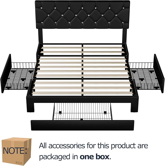 VECELO Queen Size Bed Frame with 3 Storage Drawers, Leather Upholstered with Diamond Tufted Headboard, Solid Wood Slat Support & Steel Framework, PU & Black