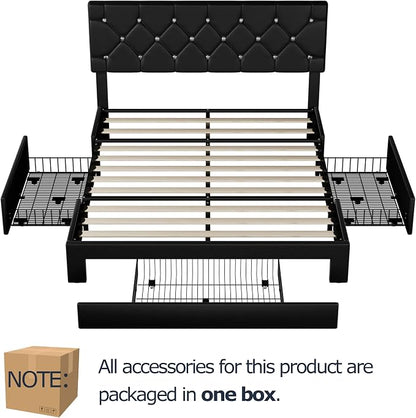 VECELO Queen Size Bed Frame with 3 Storage Drawers, Leather Upholstered with Diamond Tufted Headboard, Solid Wood Slat Support & Steel Framework, PU & Black