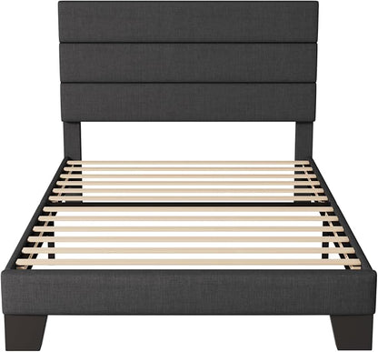 Allewie Twin Size Platform Bed Frame with Fabric Upholstered Headboard and Wooden Slats Support, Fully Upholstered Mattress Foundation/No Box Spring Needed/Easy Assembly, Dark Grey