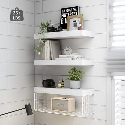 QEEIG Bathroom Shelves Over Toilet - Wall Mounted Floating Shelves Toilet Paper Storage Small Farmhouse Decor Shelf 16 inch Set of 3, White (019-W3)