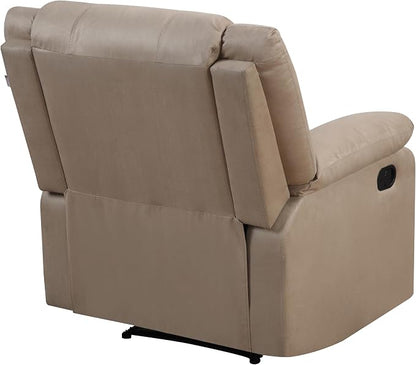 Warren 35.5" Manual Pull-Handle Recliner, Traditional Overstuffed, Pocket Coil Comfort, Black Metal Base Legs, Soft Microfiber Fabric, Beige