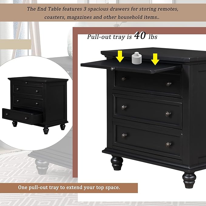 Merax Nightstand with Drawers Set of 2, Wood Bedside End Table with Pull Out Tray, Black (No Guide Rails)