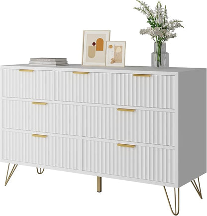 White Dresser for Bedroom, 7 Drawers Dresser with Golden Handles, Modern Wood Chest for Living Room, Hallway, Entryway