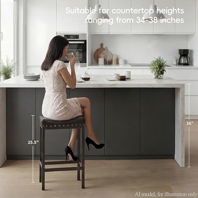 Forteek Counter Height Bar Stools, 25.5 Inch, Industrial Vintage Bar Stool with Nailhead, Faux Leather Barstool with Footrest, Saddle Stool for Kitchen Island, Dining Room, Easy Assembly