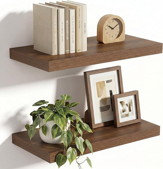 Vivelove 10 in Deep Floating Shelves for Wall, 16" x 10.2" x 1.5" Shelves for Room Wall Mounted, 1.5 Inch Thick Shelf for Bathroom Bedroom Kitchen Book Room, Modern Farmhouse Decor, Set of 2, Walnut