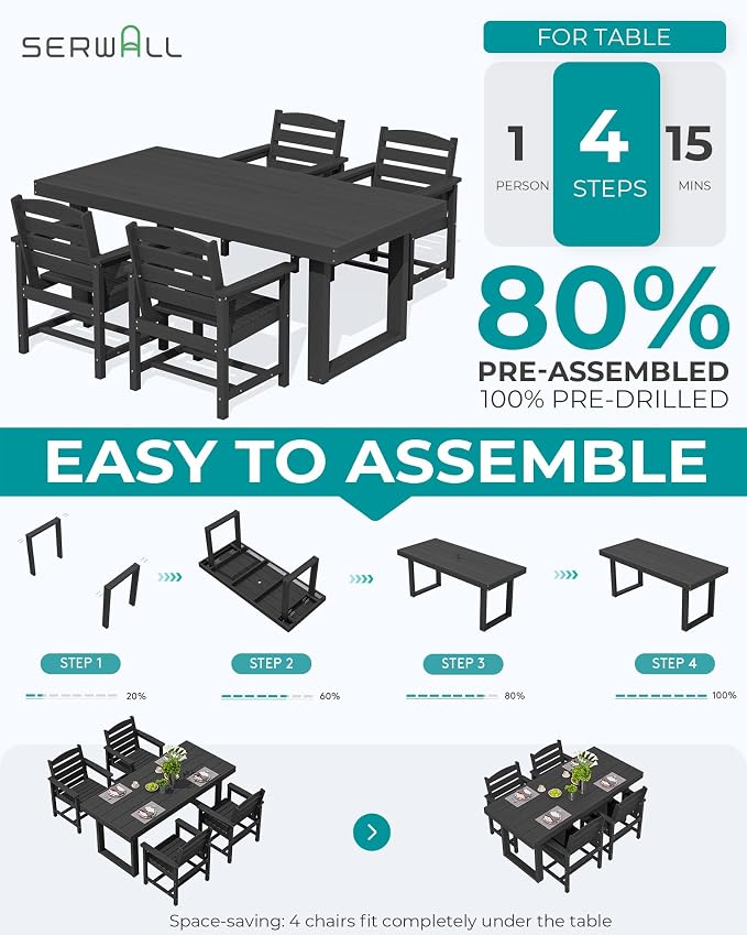 SERWALL HDPE Outdoor Dining Set for 4, 67'' Patio Table and Chairs Set | with Armchair Seat