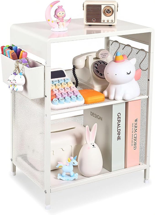 White Small Nightstand, Kids Nightstand for Bedroom, End Table with Hooks and Holder, Toddler Bedside Table for Girls, Desk Organizer for Office, Dorm (White)