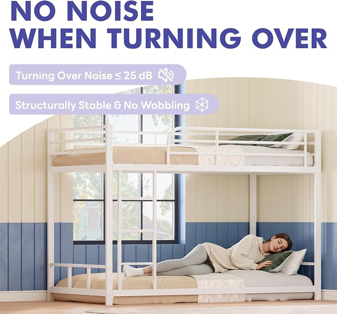 Low Metal Bunk Bed Frame for Kids, with Built-in Ladder, High Guardrail and Metal Slats, Floor Bed Bottom Bunk, No Boxspring Required, for Small Spaces, Twin-Over-Twin (Silver)