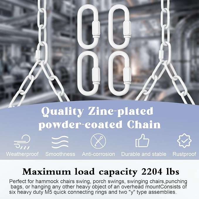 Heavy Duty Porch Swing Hanging Chain Kit (2 Pack) 1500 Lbs Capacity, up to 8 ft Length- Rustproof Zinc-Plated, 6 Quick Links & 2 Y-Chain Assemblies(White,Better Rust Protection)