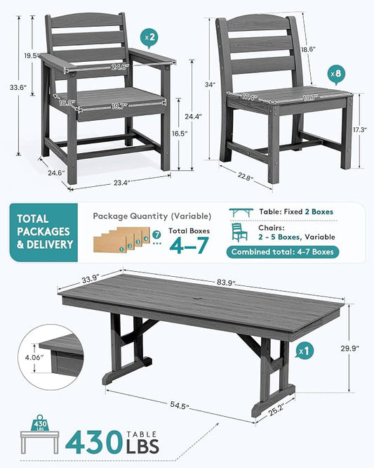 SERWALL 9 Piece 84" HDPE Outdoor Dining Set with 6 Armless Chairs, 2 Armchairs and Umbrella Hole for 8, Gray