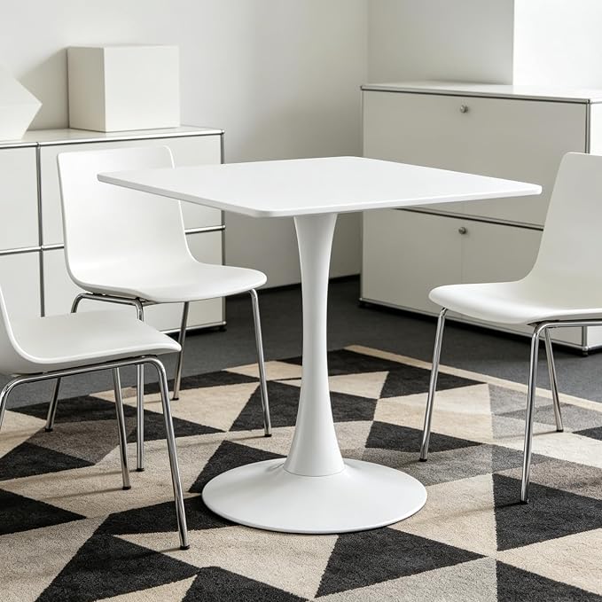 Square Dining Table, 27.6" Tulip Table with Thickened Tabletop & Metal Pedestal, Mid Century Modern Bistro Table for Kitchen, Small Places, Living Room, Cafe (White)