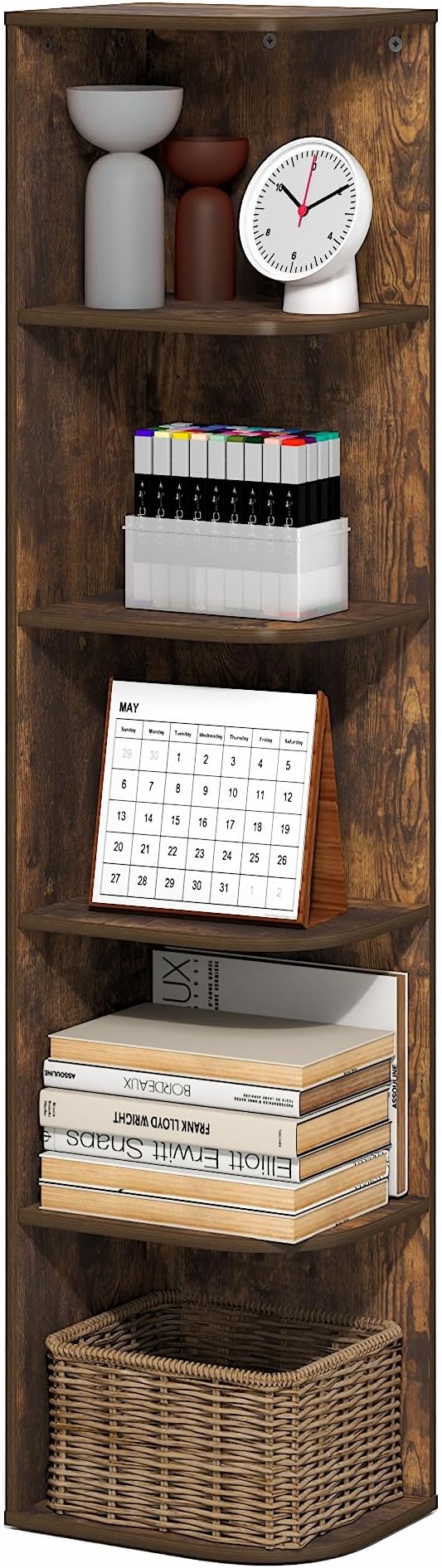 Furinno PASIR Book Shelf, 5-Tier Corner Bookshelf with Open Shelf, Standing Bookcase, 9.3 x 12 x 51.7, for Organization and Storage, for Living Room, Bedroom, Home Office, Amber Pine