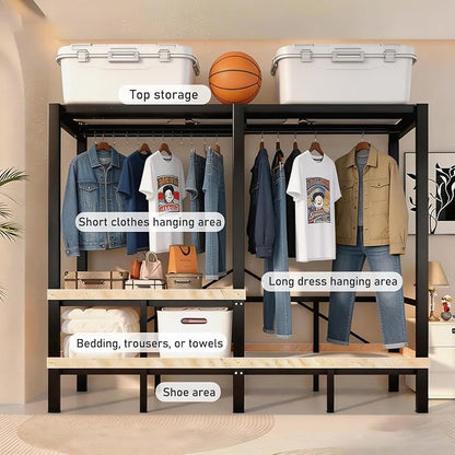 Heavy Duty Clothes Rack with Cover & Magnetic Doors, 1500lb Portable Wardrobe Closet - Foldable Garment Rack for Bedroom, Large Storage for Hanginng Dresses Jackets (Brown, 49.2IN)