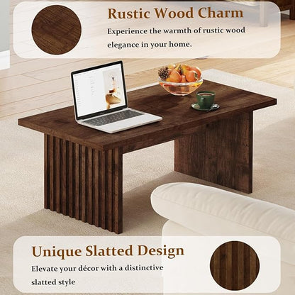 BON AUGURE Coffee Table for Living Room, 43Inch Farmhouse Wood Center Table, Rectangle Mid-Century Living Room Tables, Unique Fluted Panel Coffee Tables (Rustic Oak)