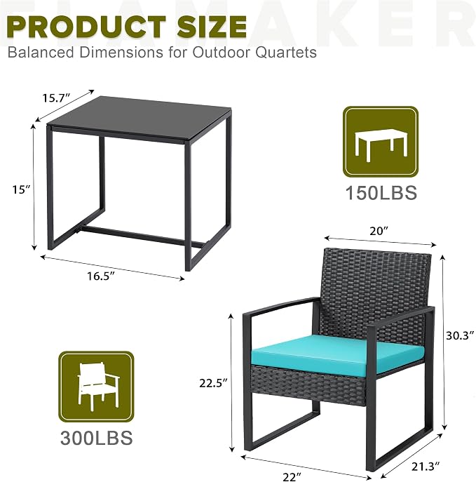 Flamaker Patio Set Outdoor Wicker Furniture, Modern Bistro Set with Rattan Chair and Coffee Table for Yard (Blue)