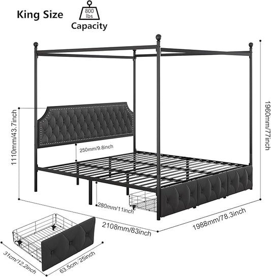Keyluv King Upholstered Canopy Bed Frame with 3 Storage Drawers & Button Tufted Headboard, Metal Platform Bed with 4 Removable Posts, Two-Purpose Velvet Bed, Dark Grey/Curtain Not Included