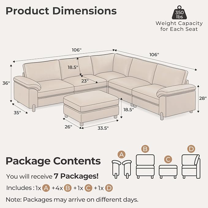 SITJOY Large Cloud Couch, 106" Wide 5 Seater V Shape, Faux Leather in Brown | Pet-Friendly Scratch-Resistant Leather Sectional Sofas for Living Room, Deep Seat Wide Couch with Chaise, Storage Ottoman