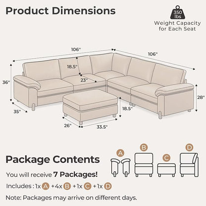 SITJOY Large Cloud Couch, 106" Wide 5 Seater V Shape, Faux Leather in Brown | Pet-Friendly Scratch-Resistant Leather Sectional Sofas for Living Room, Deep Seat Wide Couch with Chaise, Storage Ottoman