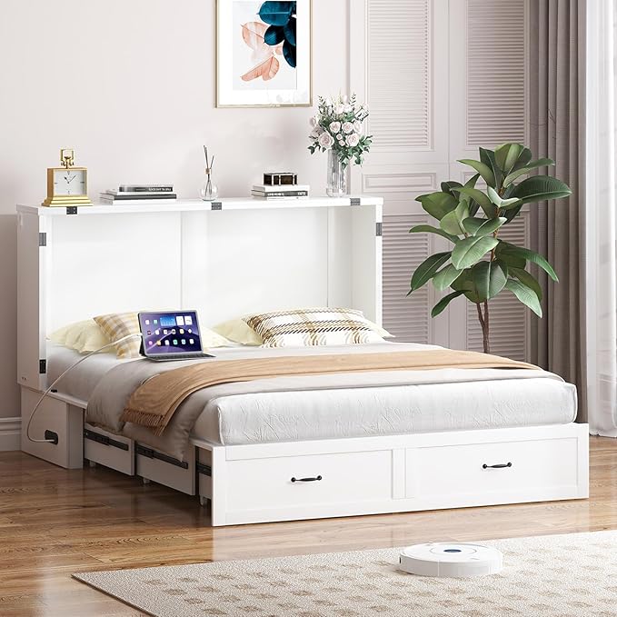 PUREMIND Murphy Bed Queen with Mattress Included, Arched Frame Cabinet Beds Chest with Charging Station & Storage Drawers, Convertible Hideaway Cabinet Bed for Guest Room, White