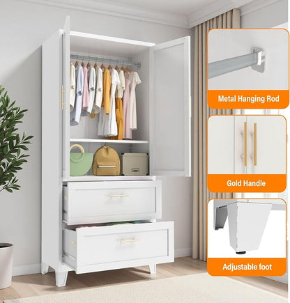 Anwick Metal Wardrobe Closet, 71" Tall Black Metal Wardrobe Cabinet with Hanging Rod, 2 Drawers, 2 Doors and Adjustable Shelf for Bedroom Guest Room Laundry Room (White, 71" Tall)