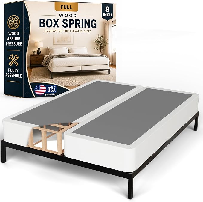 Treaton, Box Spring Bed Base Full Size, 8-Inch Wood Mattress Foundation – Amish Made in USA – Quiet Noise Free, 2-Pieces Under Mattress-Support BoxSpring, Fully Assembled, White