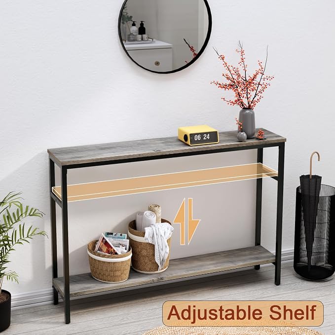 Timberer Narrow Console Table, 47 Inch Sofa Table with Adjustable Shelf, 2-Tier Long Skinny Table for Hallway, Entryway, Living Room, Foyer, Grey