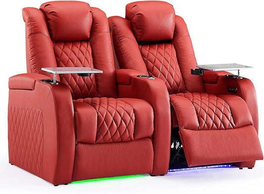 Weilianda Home Theater Seating Top Grain Leather Zero Gravity Recliner Chair Power Headrest Recline Movie Seat Gaming 7 Colors Mood Light Sofa with Tray Table USB Charge Row of 2 Red