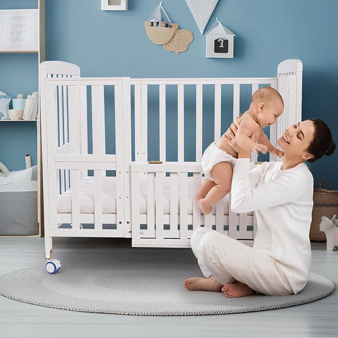 Flwrgirl Convertible Mini Baby Crib - Portable Bedside Bassinet with Mattress Included,5 Heights Baby Crib with Wheels for Newborns,Infant 0-18 Months,White