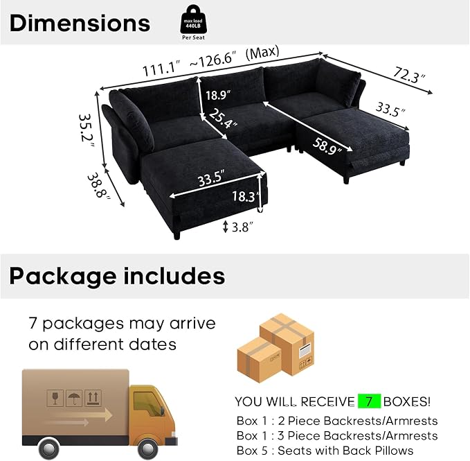 DreamDashio 126" U Shaped Sectional Sofa with Storage Seat, Adjustable Arms & High Back, Oversized Modular Sectional Cloud Couches for Living Room, 5 Seater, Dark Grey Chenille