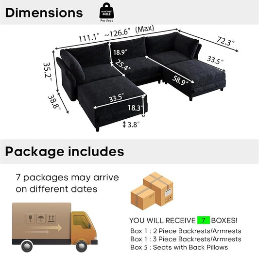 DreamDashio 126" U Shaped Sectional Sofa with Storage Seat, Adjustable Arms & High Back, Oversized Modular Sectional Cloud Couches for Living Room, 5 Seater, Dark Grey Chenille