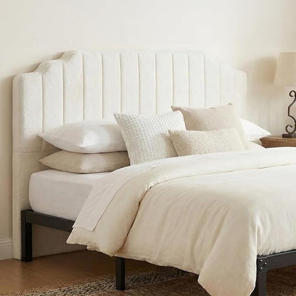 King Headboard Only - Beige Velvet Upholstered Headboard for Bed, No Assembly Required, Pure Sponge Design, Comfort Head Board, Place Between Bed & Wall, Vertical Stripe with Stepped Crown Top Edge