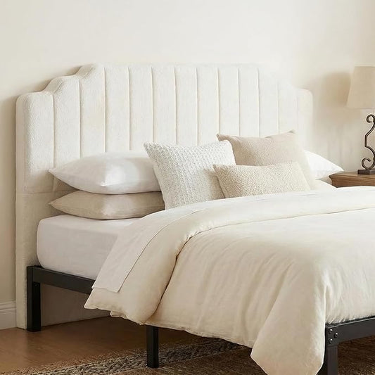 King Headboard Only - Beige Velvet Upholstered Headboard for Bed, No Assembly Required, Pure Sponge Design, Comfort Head Board, Place Between Bed & Wall, Vertical Stripe with Stepped Crown Top Edge