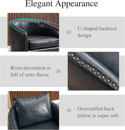 HAOMARKETS 360 Degree Swivel Accent Chair Set of Two with Plump Back Pillow, Waterproof Oil Waxed PU Leather Swivel Armchair with Rivets, Comfy Vintage Round Barrel Chair for Living Room
