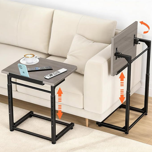 Tv Tray Table Set of 2, 8-Level Adjustable Height Couch Side Table，90° Tilt Angle Adjustments C-Shaped End Table, with Phone & Tablet Slot Computer Desk for Sofa, Bed, Chair, Living Room（Lvory Gray）