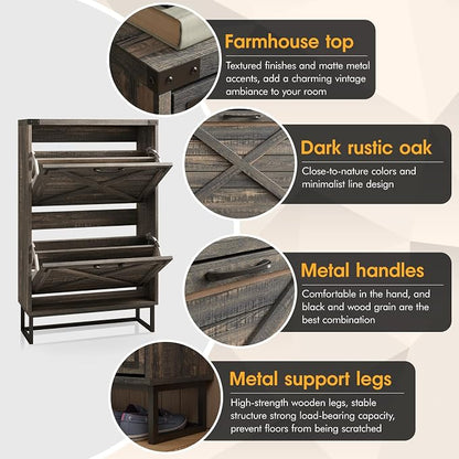 Maupvit 24" W Farmhouse Shoe Cabinet Storage for Entryway, Freestanding Organizer with 2 Flip Drawers, Narrow Shoe Rack Cabinet with Metal Corner Decoration, Dark Rustic Oak