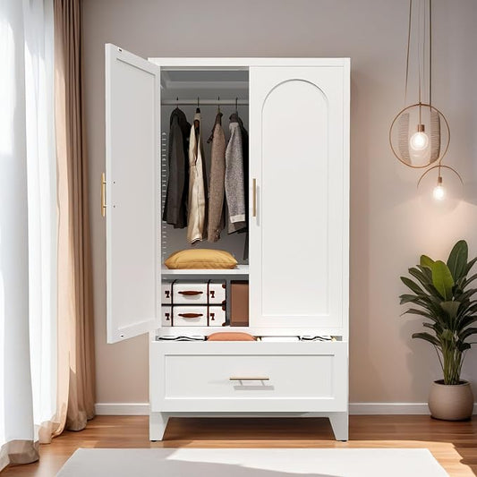 60" Tall Metal Wardrobe Cabinet with 1 Drawer and Hanging Rod, 2 Doors Wardrobe Closet with Shelf for Bedroom, Office, Laundry Room,Entryway,Foyer,Guesthouse White