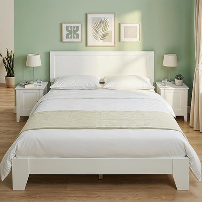 KOMFOTT Queen Size Bed Frame, Modern Platform Bed with Headboard, Wooden Slat Support Mattress Foundation, Under-Bed Storage Space, No Box Spring Needed(White,Queen)