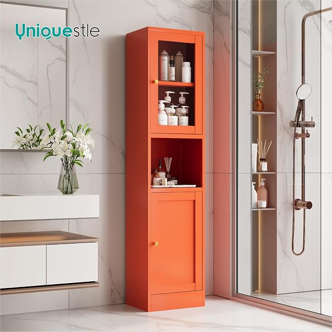 67" Tall Metal Narrow Storage Cabinet with Glass Door and Open Shelf, Shaker Style Slim Cabinet with Adjustable Shelves for Kitchen Bathroom Living Room Laundry Small Spaces, Orange, 1Pc