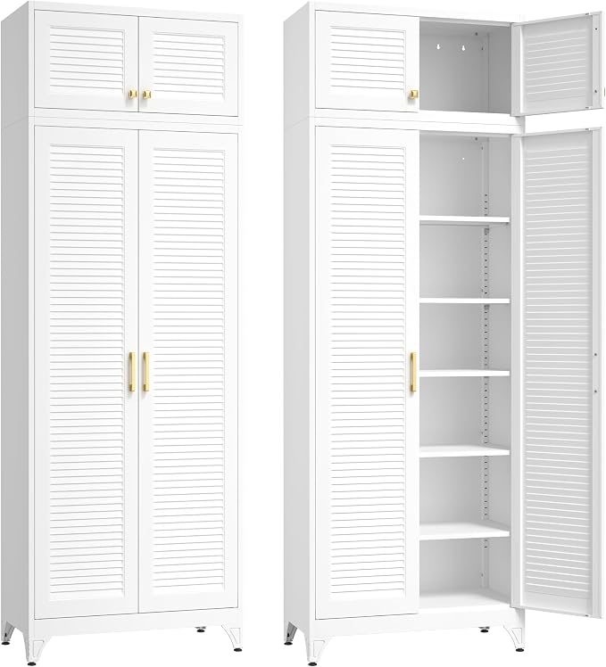 SteeLoong Kitchen Pantry Cabinet,90" Metal Storage Cabinet with Doors and 5 Adjustable Shelves,White Tall Locker Organizer Steel Garage Cabinets for Tool,File Cabinet for Office,Kitchen,Garage,School