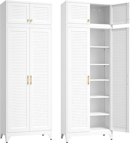 SteeLoong Kitchen Pantry Cabinet,90" Metal Storage Cabinet with Doors and 5 Adjustable Shelves,White Tall Locker Organizer Steel Garage Cabinets for Tool,File Cabinet for Office,Kitchen,Garage,School
