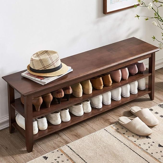 Dewfig Shoe Bench with Storage for Entryway, 48", Shoe Rack Bench with 3-Tier Organizer Shelf for Hallway, Bedroom, Living Room, Solid Wood, Holds Up to 550Lbs, Dark Brown