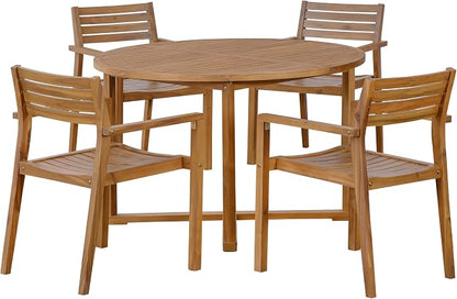 VilroCaz 5-Piece Acacia Wood Outdoor Dining Set for 4, All-Weather 47.2" Round Dining Table with 4 Armchairs and Slatted Design for Patios, Gardens, Pool Sides, and Lawn Areas (Natural-4.11)