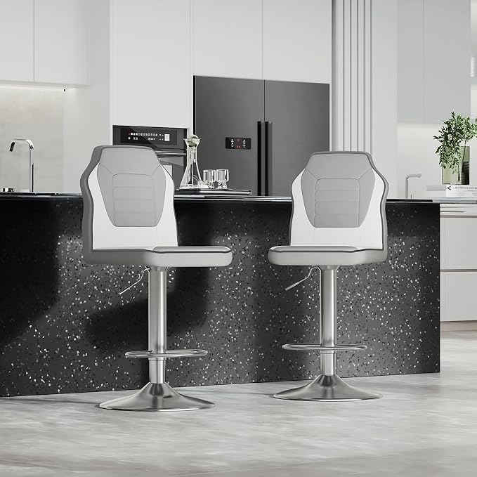 Racing Style Bar Stools Set of 2, Adjustable Counter Height Chairs with Faux Leather, 360° Swivel Bar Stools with Backs, Racing Seat Bar Stool Chairs, Gray/White