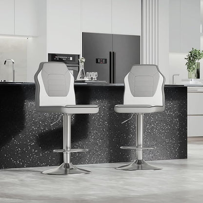 Racing Style Bar Stools Set of 2, Adjustable Counter Height Chairs with Faux Leather, 360° Swivel Bar Stools with Backs, Racing Seat Bar Stool Chairs, Gray/White