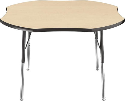 FDP Clover Activity School and Office Table (48 x 48 inch), Standard Legs with Swivel Glides for Collaborative Seating Environments, Adjustable Height 19-30 inches - Maple Top and Black Edge
