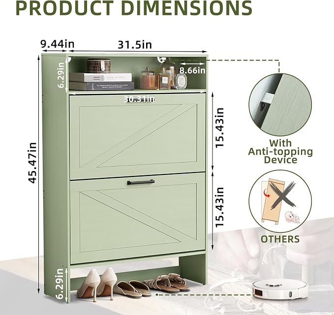 RWYHG Shoe Cabinet Storage for Entryway with 2 Flip Drawers Open Storage Layer Rack Narrow Organizer Slim Hidden Wood Shoe Cabinet Furniture Green