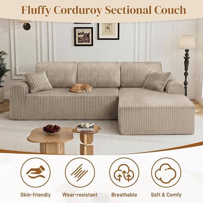 110" L Shaped Boneless Sectional Couches for Living Room, Comfy Corduroy Floor Cloud Sofa with Chaise, Wide Armrest, Deep Seat, Memory Foam, Assembly Free, Ideal for Small Spaces, Brown