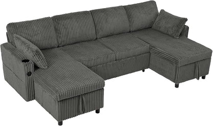 110" Corduroy U-Shape Sofa Bed with Adjustable Backrests, Upholstered Pull Out Sofa Bed with USB Ports, Convertible Sectional Sleeper Couch with Storage Chaise for Living Room, House, Grey