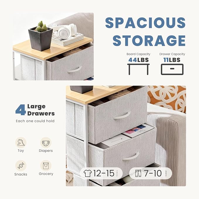 DUMOS Nightstand with 4 Drawers Bedside Table with Removable Fabric Bins Sturdy Steel Frame Wood Top Organizer Grey Nightstand for Bedroom Closet Living Room,Light Gray