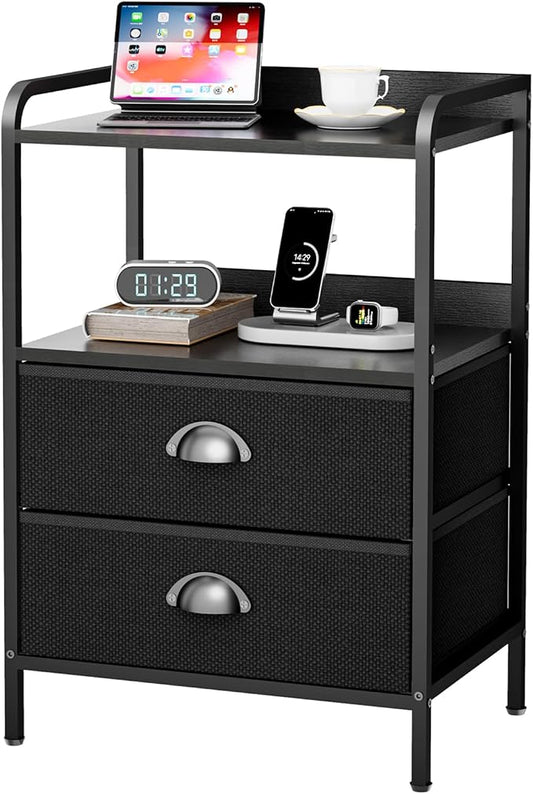Night Stand, End Table with 2 Drawers Nightstand for Bedroom, Small Fabric Dresser Organizer, Bedisde Table Side Table with Open Storage Shelf, Black